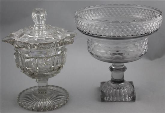 A cut glass pedestal comport & a glass sweetmeat jar and cover, c.1830, 21.5cm. and 23.5cm.